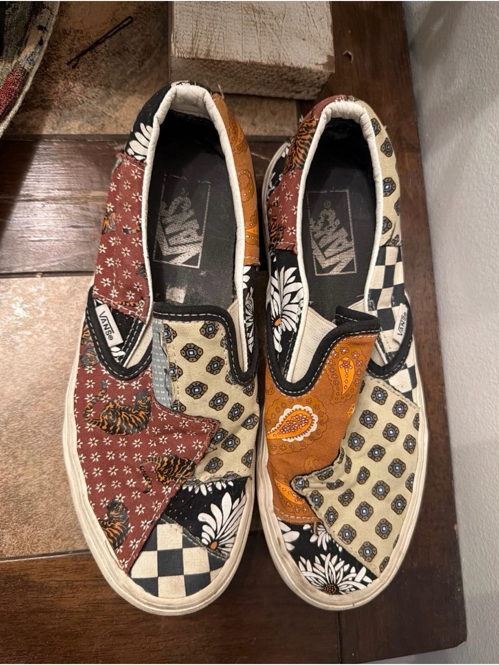 Vans Patchwork Slip-On Sneakers in Brown, Black, Tan, Cream